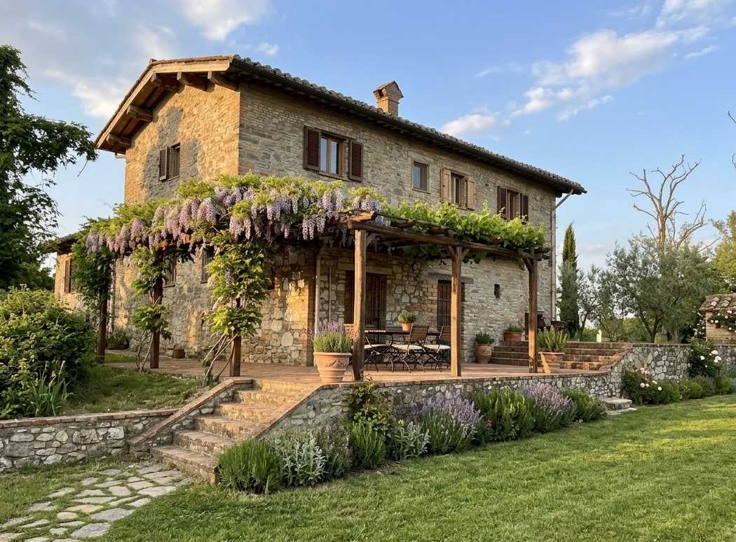 Loggia in mattoni con pergolato di glicine